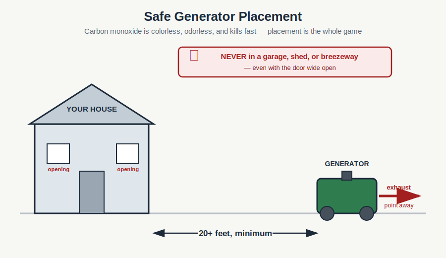 Diagram showing a generator placed at least 20 feet from the house with exhaust pointed away