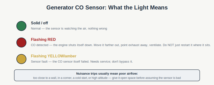 Legend for generator CO sensor light: solid is normal, flashing red is CO detected, flashing yellow is a sensor fault