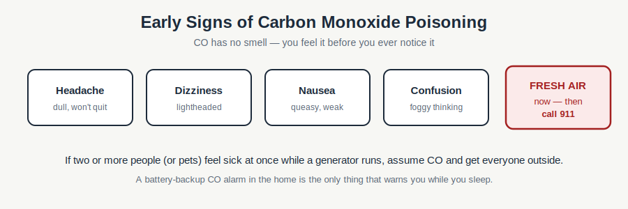 Diagram of early carbon monoxide poisoning symptoms and to get to fresh air