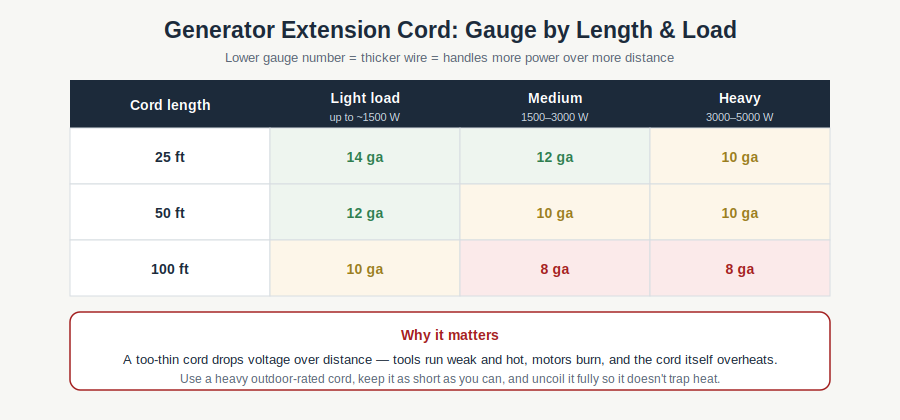 Chart of generator extension cord wire gauge by length and load, from 14 gauge up to 8 gauge