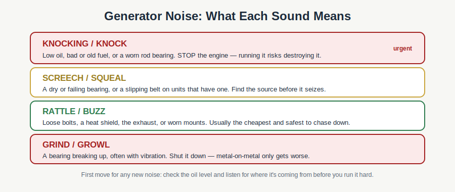Guide to generator noises: knocking and grinding are urgent, screeching is a bearing or belt, rattling is loose hardware