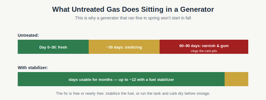 Timeline showing untreated gasoline turning to varnish over 60 to 90 days versus stabilized fuel lasting months