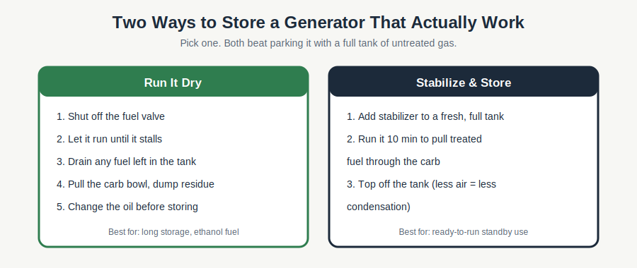 Comparison of running a generator dry versus stabilizing the fuel for storage