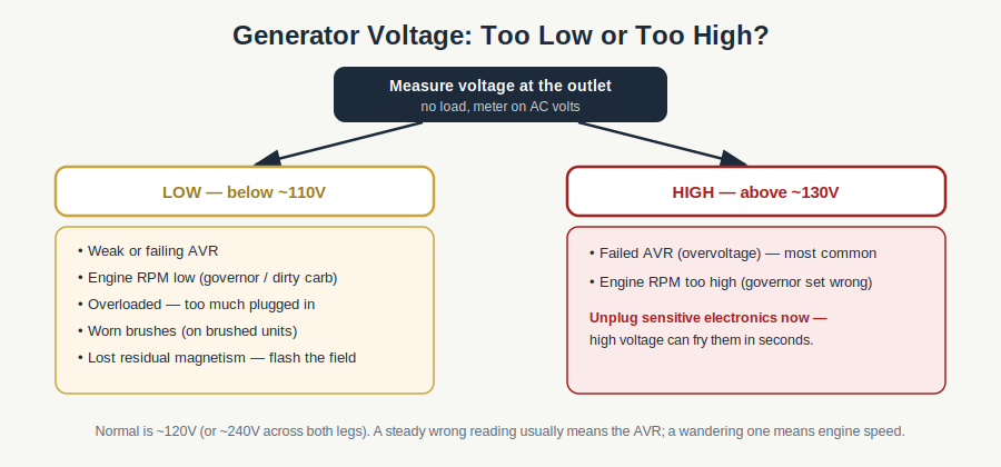 Diagnostic for generator output voltage: low voltage points to a weak AVR, low RPM, overload or brushes; high voltage to a failed AVR