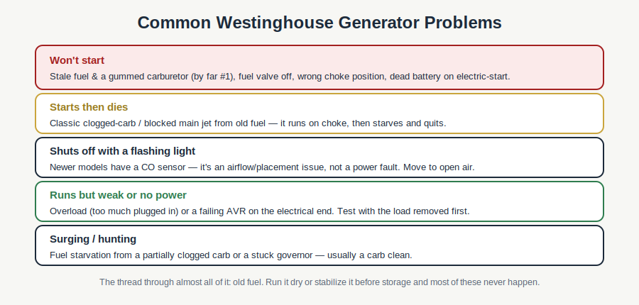 Common Westinghouse generator problems by symptom: won't start, starts then dies, CO sensor shutdown, weak power, surging