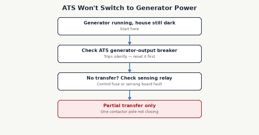 Diagnostic flowchart for a transfer switch that won't switch to generator power