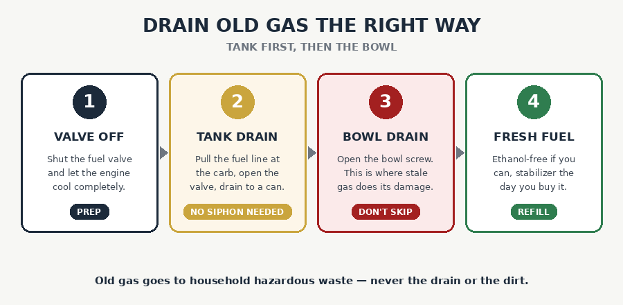 Four steps to drain old generator gas: valve off, tank drain, bowl drain, fresh fuel with stabilizer