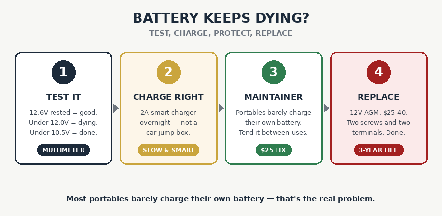 Generator battery rescue steps: test voltage, charge with a smart charger, use a maintainer, replace if needed