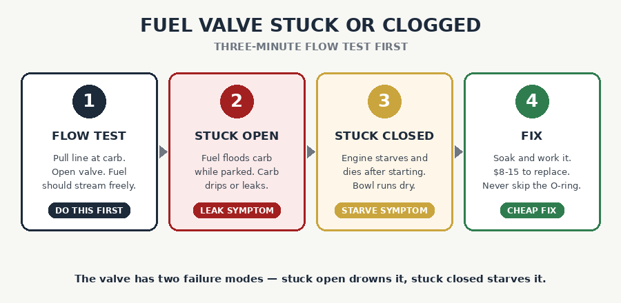 Generator fuel valve stuck: flow test procedure, stuck open symptoms, stuck closed symptoms, and the fix