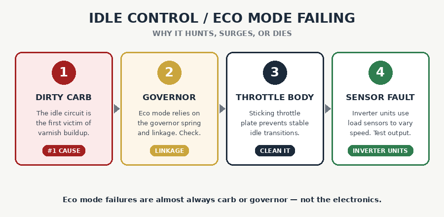 Eco mode idle control failure causes: dirty carb idle circuit, governor linkage, throttle body, load sensor
