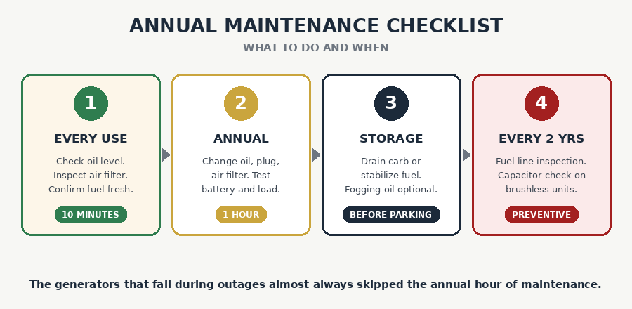 Generator maintenance schedule: every use checks, annual service items, storage prep, two-year preventive items