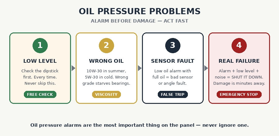 Generator oil pressure alarm causes: low oil level, not level ground, sensor fault, real engine failure