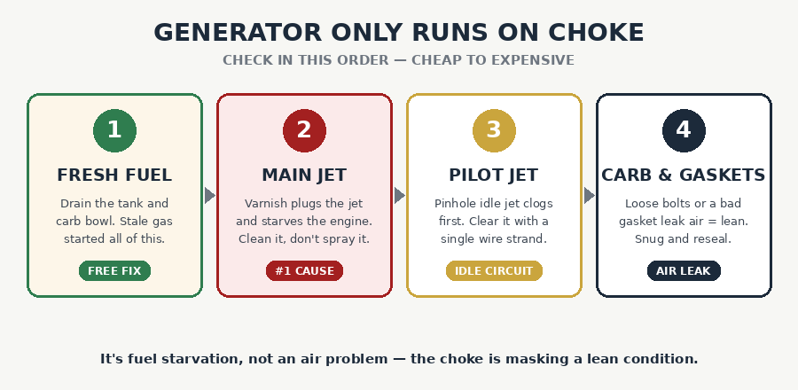 Four checks in order for a generator that only runs on choke: fresh fuel, main jet, pilot jet, carb gaskets