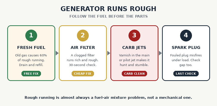 Generator runs rough fix order: fresh fuel, air filter, carb jets, spark plug