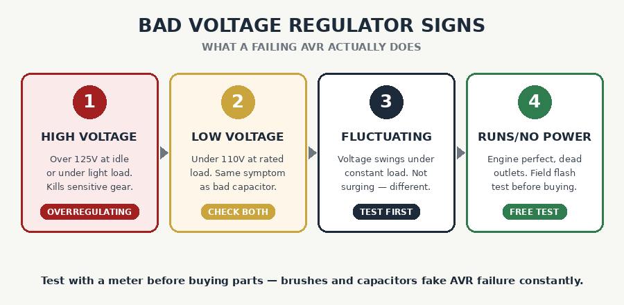 Bad voltage regulator symptoms: high voltage, low voltage, fluctuating output, runs but no power