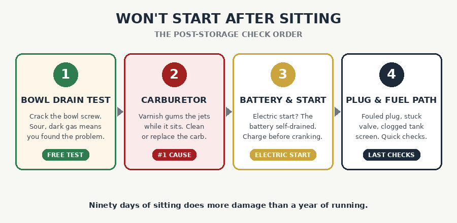 Post-storage generator check order: bowl drain test, carburetor, battery and starter, plug and fuel path