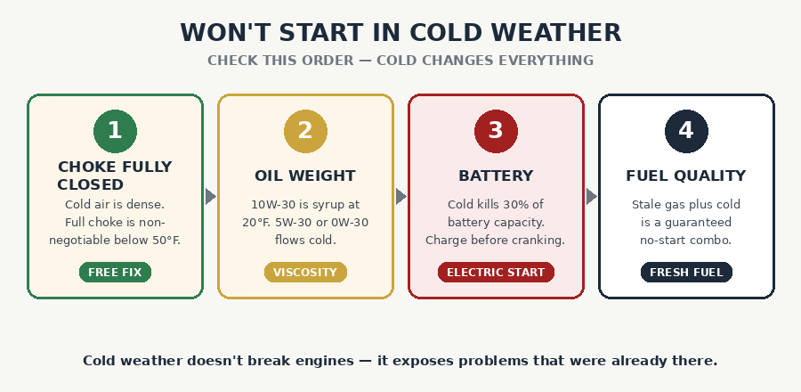 Generator cold weather won't start check order: choke, oil weight, battery, fuel quality