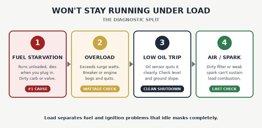 Generator won't stay running under load: fuel starvation, overload, low oil trip, air and spark checks