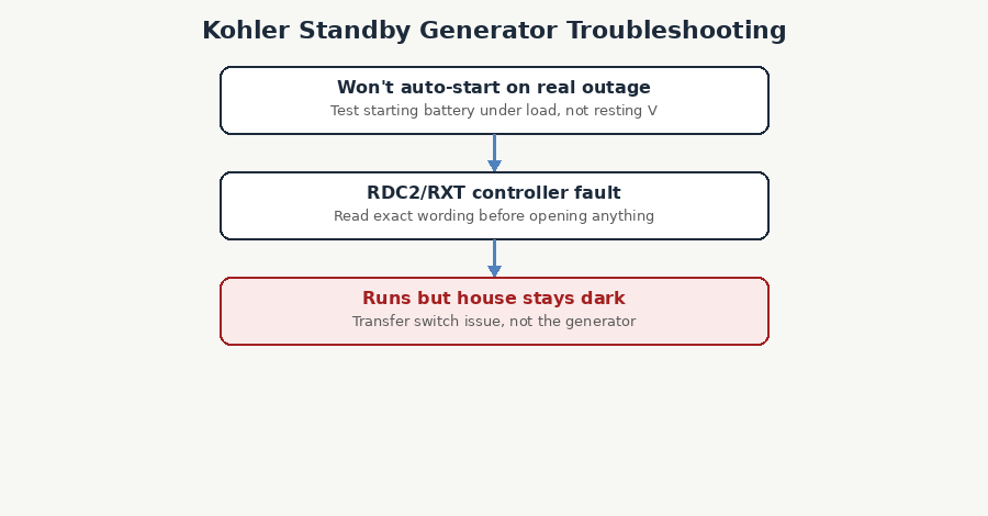 Diagnostic flowchart for Kohler standby generator troubleshooting