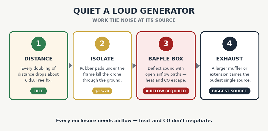 Four ways to quiet a generator: distance and direction, rubber isolation pads, baffle box with airflow, exhaust upgrades