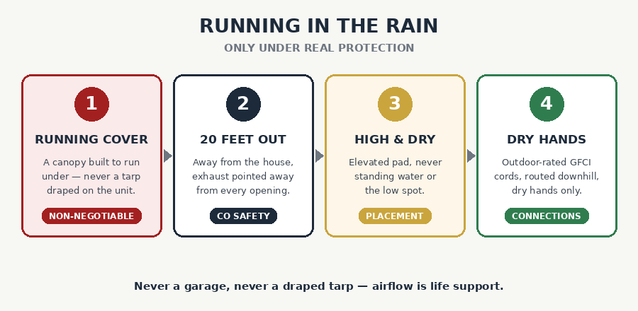 Running a generator in rain safely: purpose-built cover, 20 feet from the house, elevated dry ground, dry hands and GFCI cords