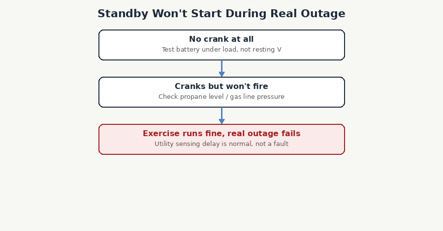 Diagnostic flowchart for a standby generator that won't start during a real power outage