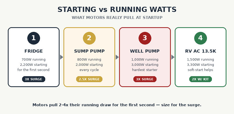 Starting versus running watts for a fridge, sump pump, well pump, and RV air conditioner