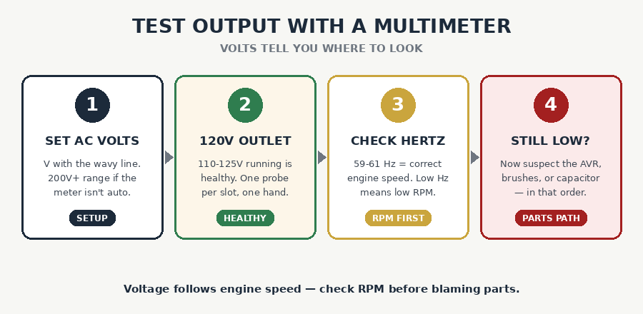 Multimeter test sequence for generator output: set AC volts, probe the 120V outlet, check hertz, then trace low readings