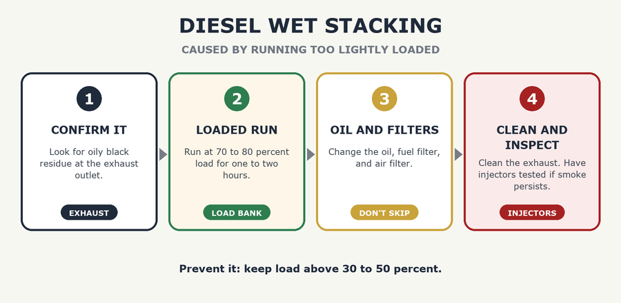 Diesel generator wet stacking fix in four steps: confirm it, loaded run, oil and filters, clean and inspect