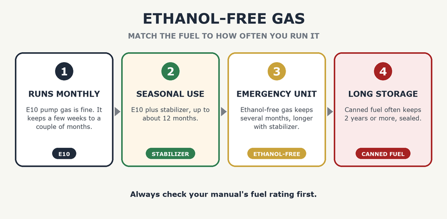 Which fuel for a generator by how often you run it: E10, E10 plus stabilizer, ethanol-free, canned fuel