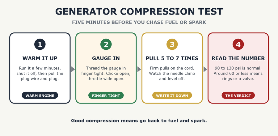 Generator compression test in four steps: warm it up, gauge in, pull 5 to 7 times, read the number