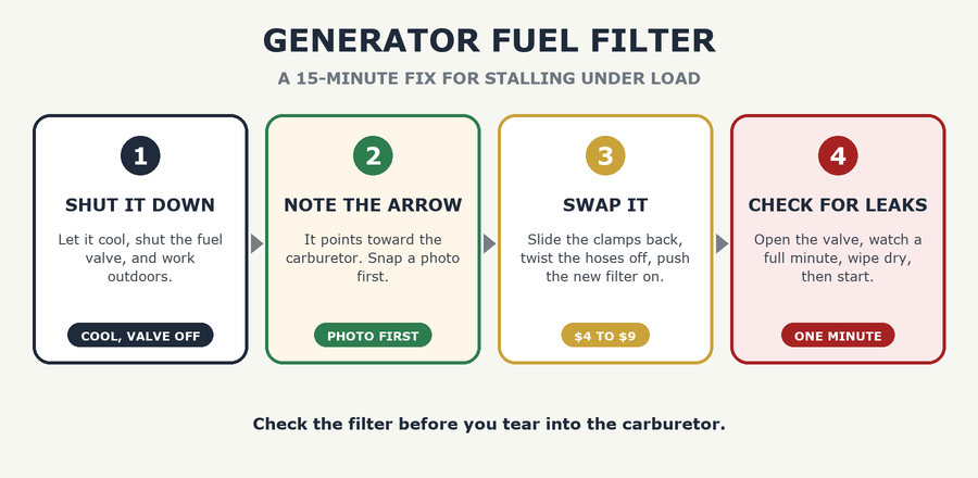 Generator fuel filter replacement in four steps: shut it down, note the arrow, swap it, check for leaks