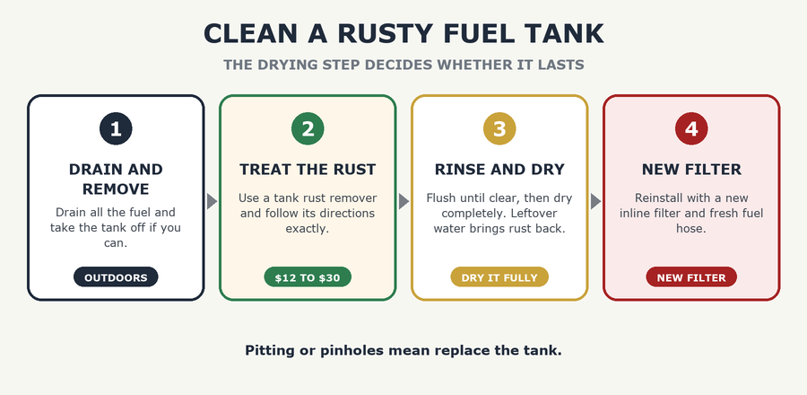 Cleaning a rusty generator fuel tank in four steps: drain and remove, treat the rust, rinse and dry, new filter
