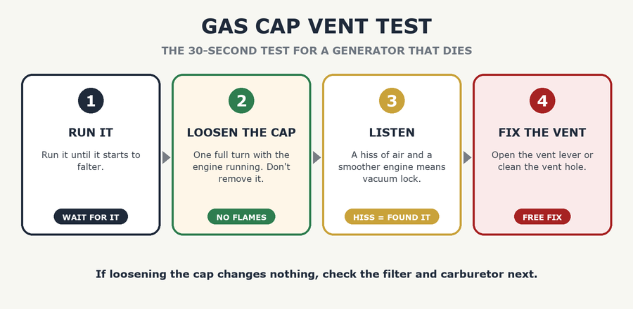 Generator gas cap vent test: run it, loosen the cap, listen for a hiss, fix the vent