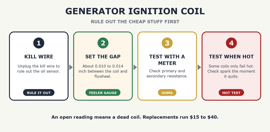 Generator ignition coil test in four steps: kill wire, air gap, multimeter, hot test