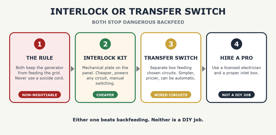 Generator Interlock Kit vs. Transfer Switch: Which Is Right for You? - the steps: the rule, interlock kit, transfer switch, hire a pro