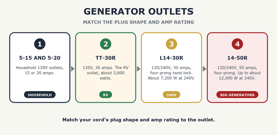 Generator outlet types: 5-15 and 5-20, TT-30R, L14-30R, 14-50R with voltage and amps
