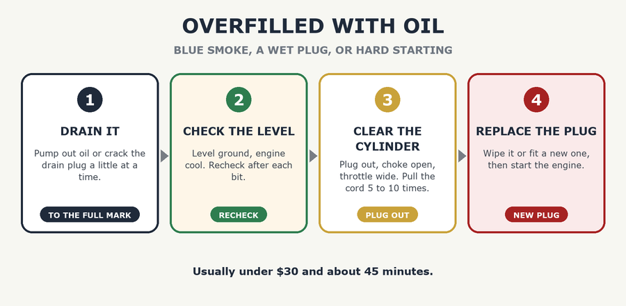 Generator overfilled with oil in four steps: drain it, check the level, clear the cylinder, replace the plug