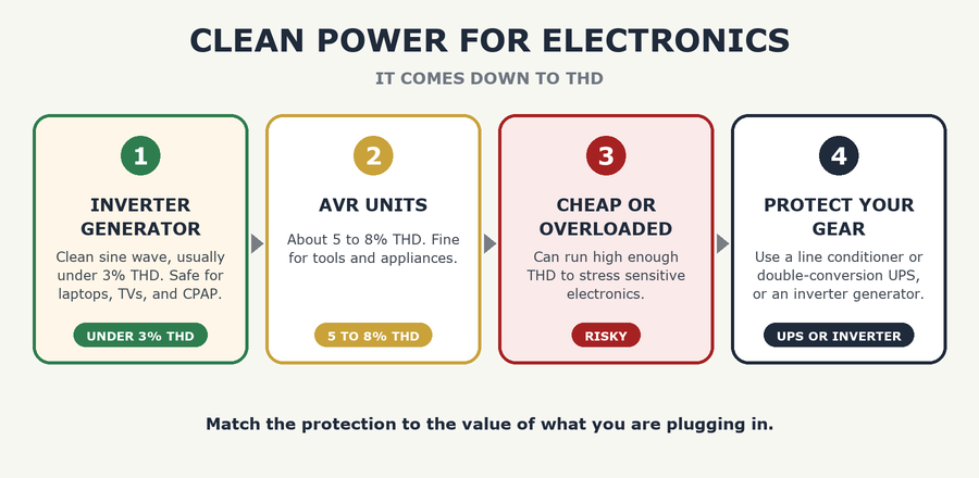 Is Your Generator's Power Safe for Electronics? Clean Power and THD - the steps: inverter generator, avr units, cheap or overloaded, protect your gear