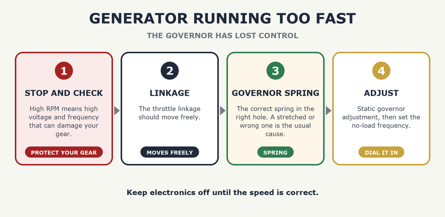 Generator Running Too Fast (Overspeeding): The Governor Fix - the steps: stop and check, linkage, governor spring, adjust