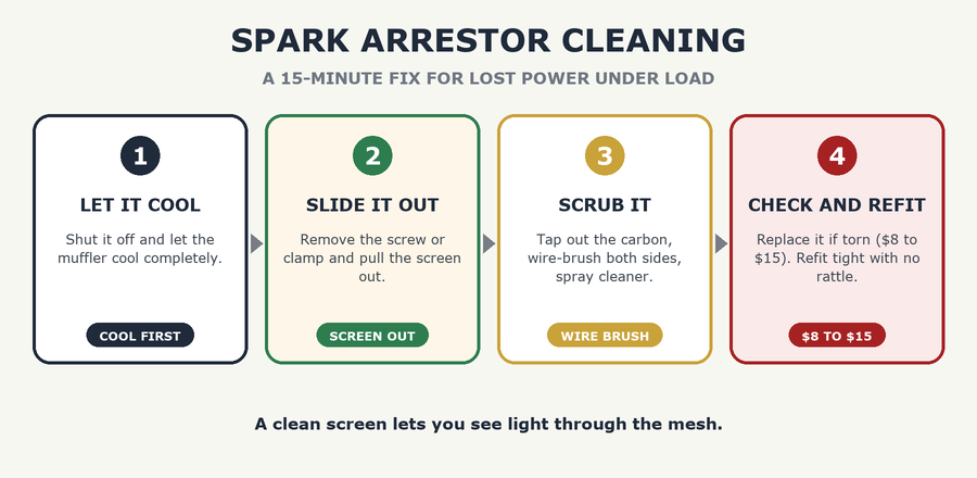 Cleaning a generator spark arrestor in four steps: let it cool, slide it out, scrub it, check and refit