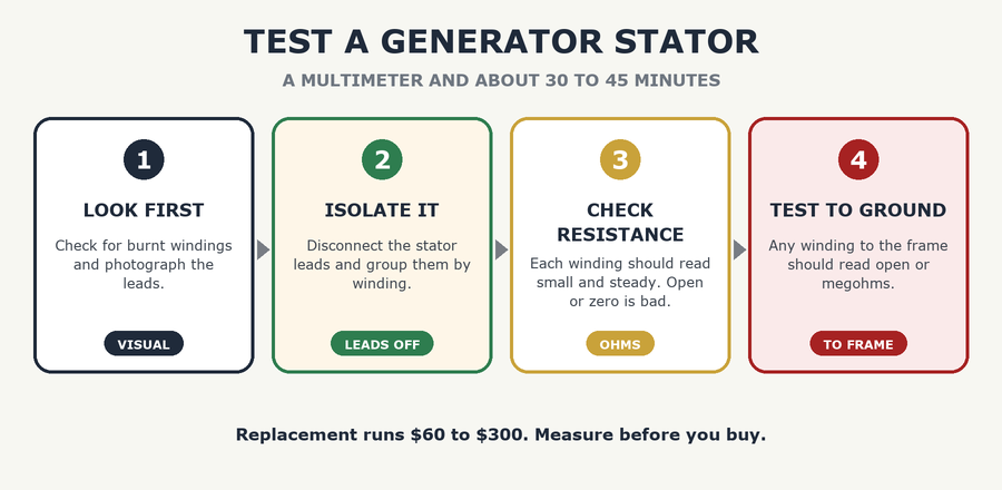 Generator stator test in four steps: look first, isolate it, check resistance, test to ground