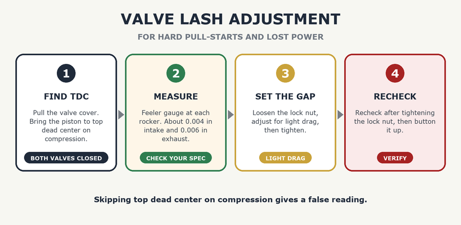 Generator Valve Adjustment: How to Set the Valve Lash - the steps: find tdc, measure, set the gap, recheck