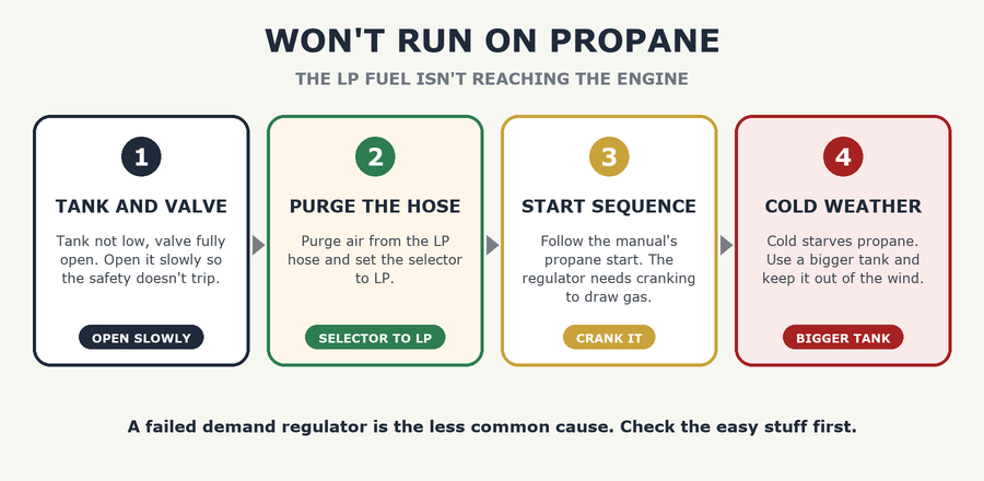 Dual-Fuel Generator Won't Run on Propane: The LPG Fix - the steps: tank and valve, purge the hose, start sequence, cold weather