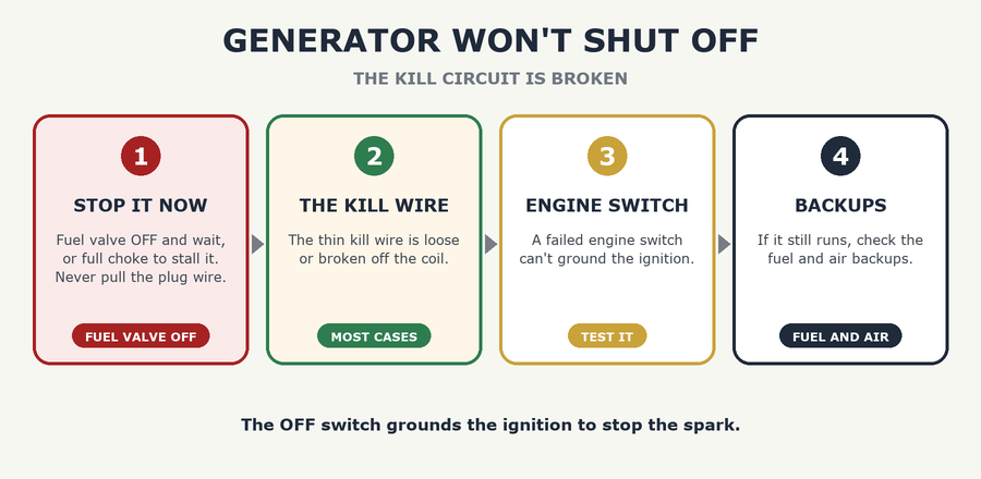 Generator Won't Shut Off: Kill Switch, Ground Wire, and Fuel Cutoff - the steps: stop it now, the kill wire, engine switch, backups