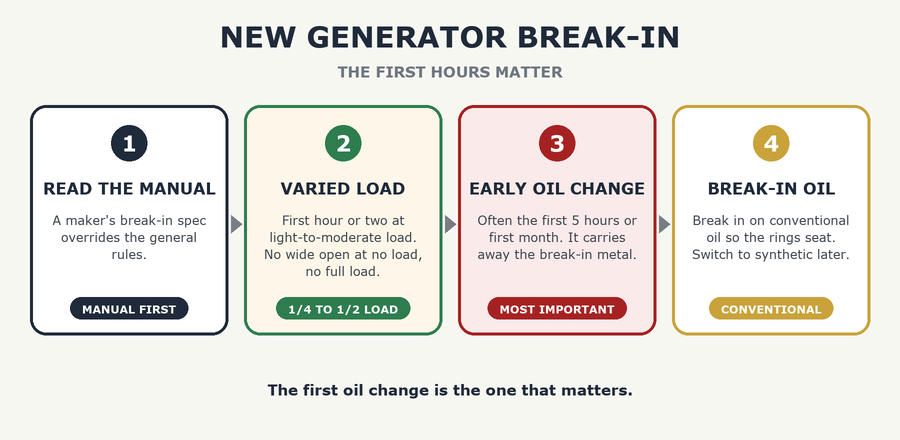 New Generator Break-In: The First Hours and First Oil Change - the steps: read the manual, varied load, early oil change, break-in oil