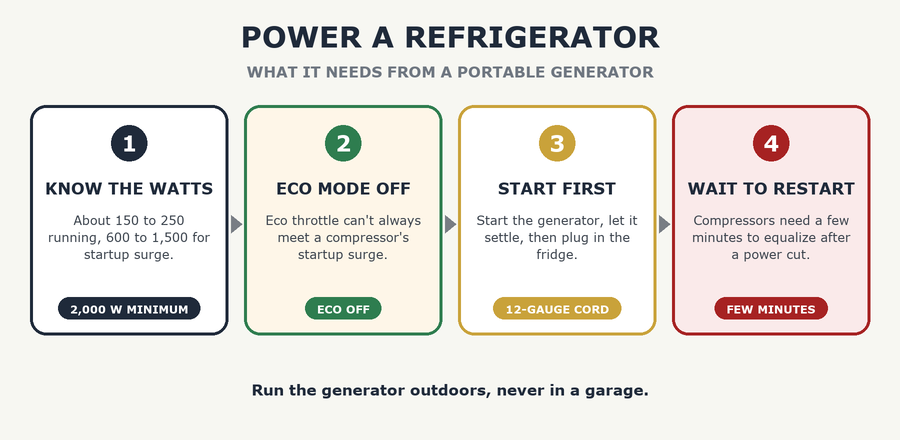 Powering a refrigerator with a generator: know the watts, eco mode off, start first, wait to restart