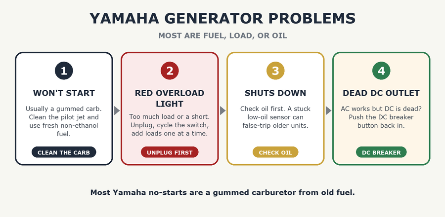 Yamaha Generator Troubleshooting: Common Problems and Fixes - the steps: won't start, red overload light, shuts down, dead dc outlet